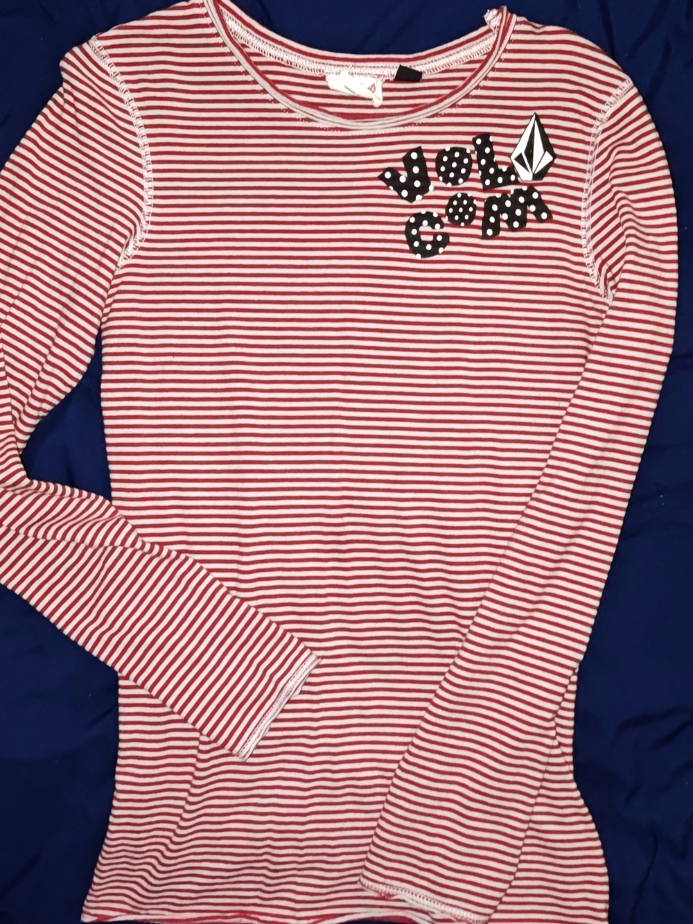 Volcom Red, Gray & White Striped Thin  Long Sleeve Shirt Polka-Dot Logo